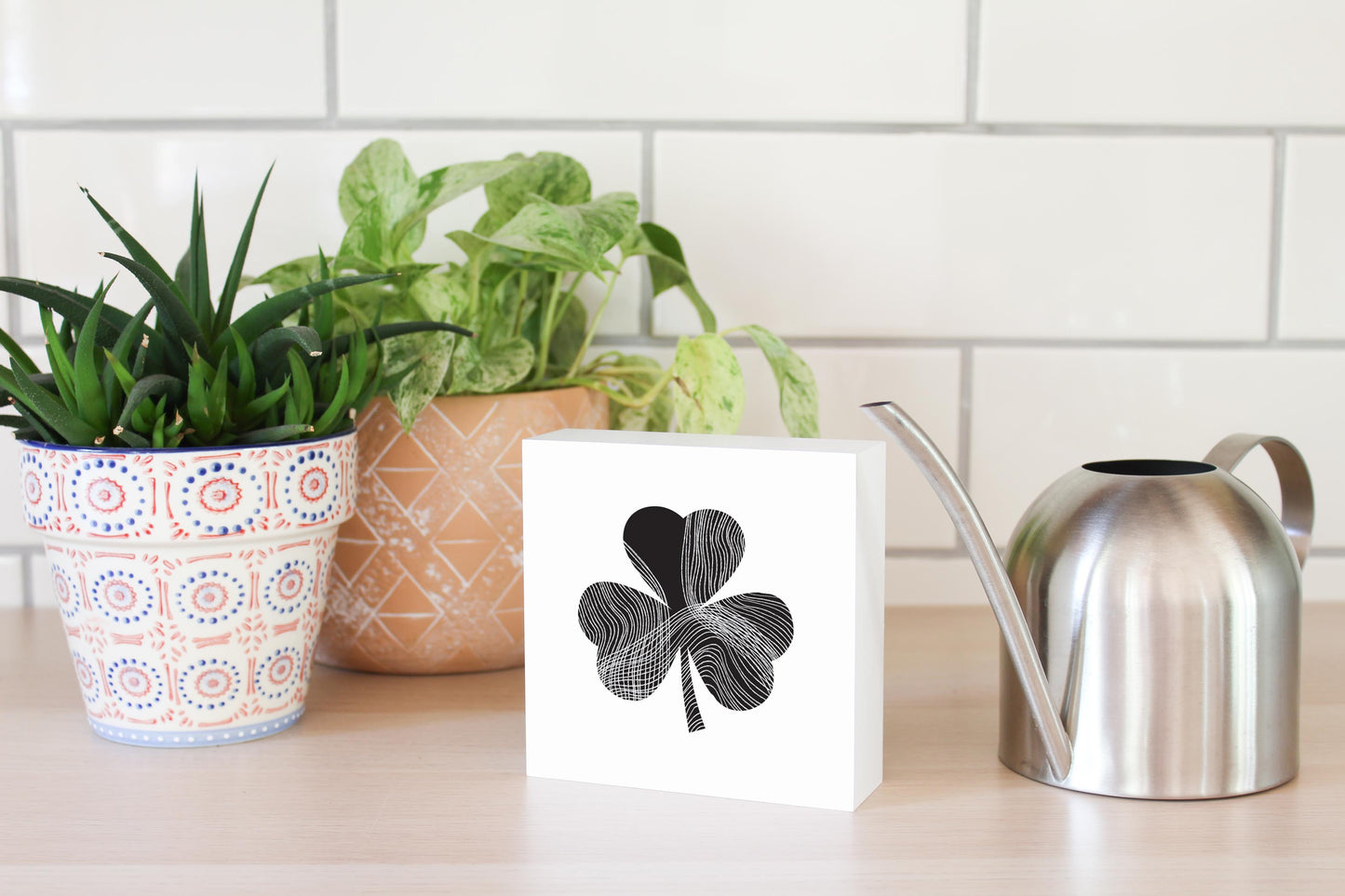 Minimalistic B&W Shamrock Shape Fluid Lines | Wood Block | Eaches | Min 4
