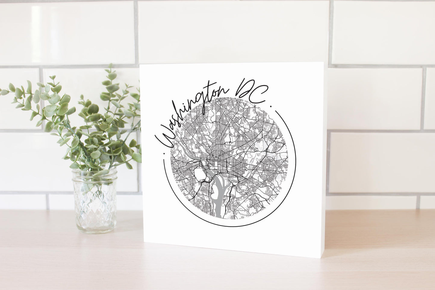 Minimalistic B&W Washington Dc Circle Map | Wood Block | Eaches | Min 2