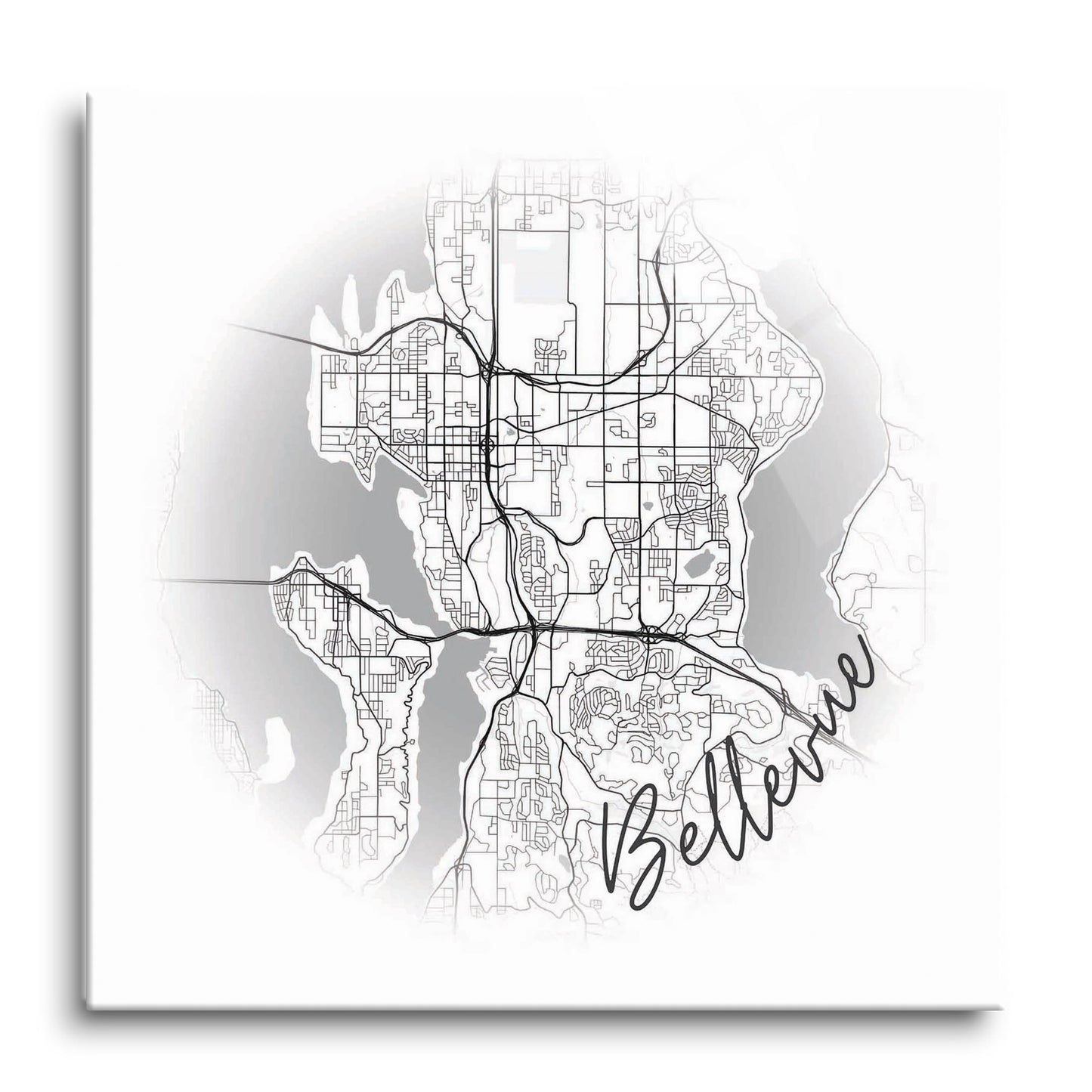 Minimalistic B&W Washington Bellevue Circle Map | Hi-Def Glass Art | Eaches | Min 1