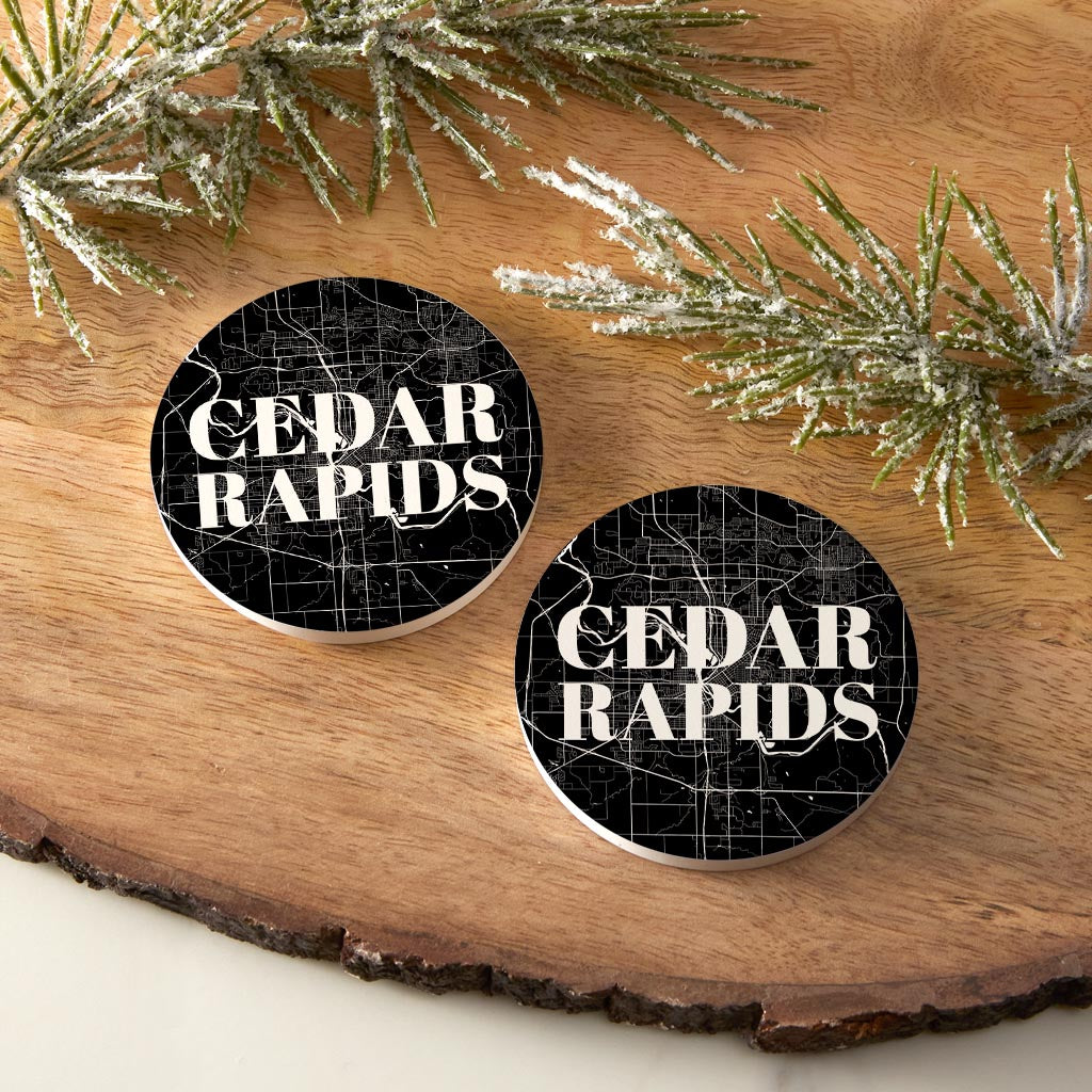 Minimalistic B&W Iowa Cedar Rapids Map| Absorbent Car Coasters | Set of 2 | Min 4