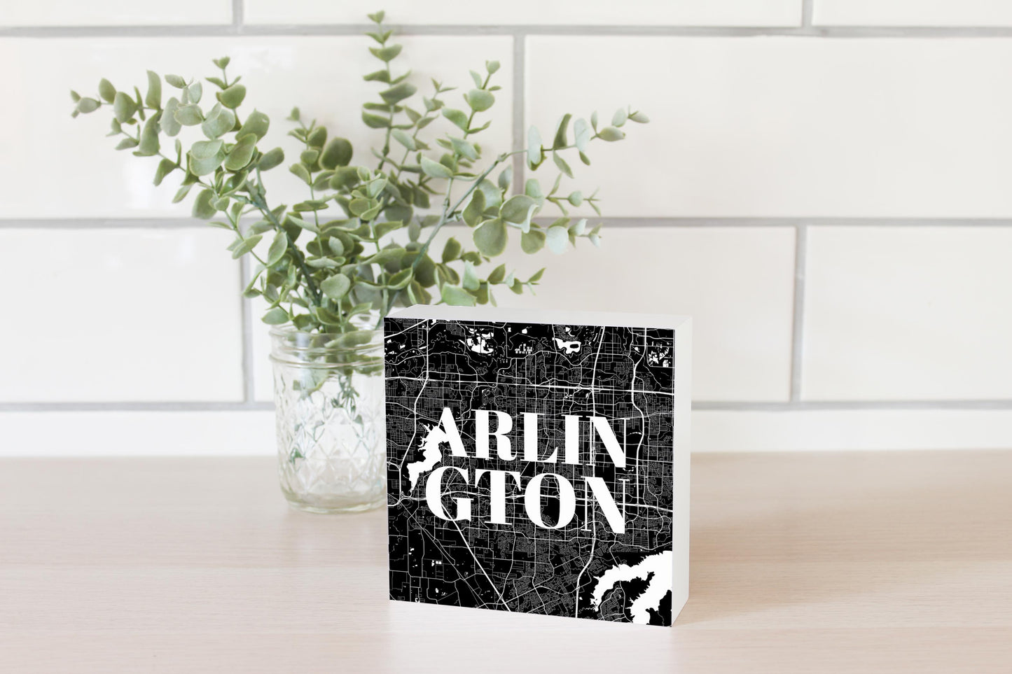 Minimalistic B&W Texas Arlington Map | Wood Block | Eaches | Min 4