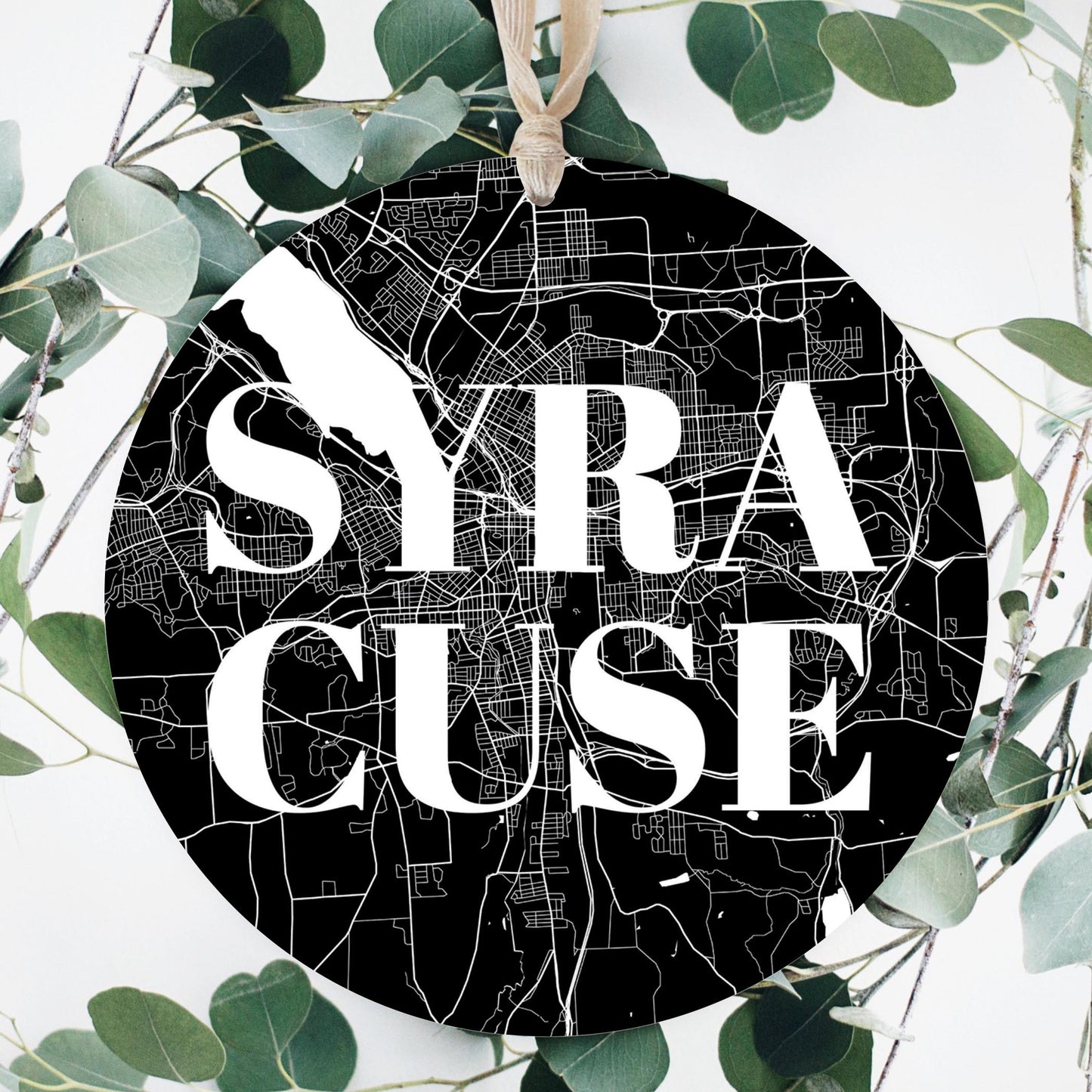 Minimalistic B&W New York Syracuse Map | Wood Ornament | Eaches | Min 1