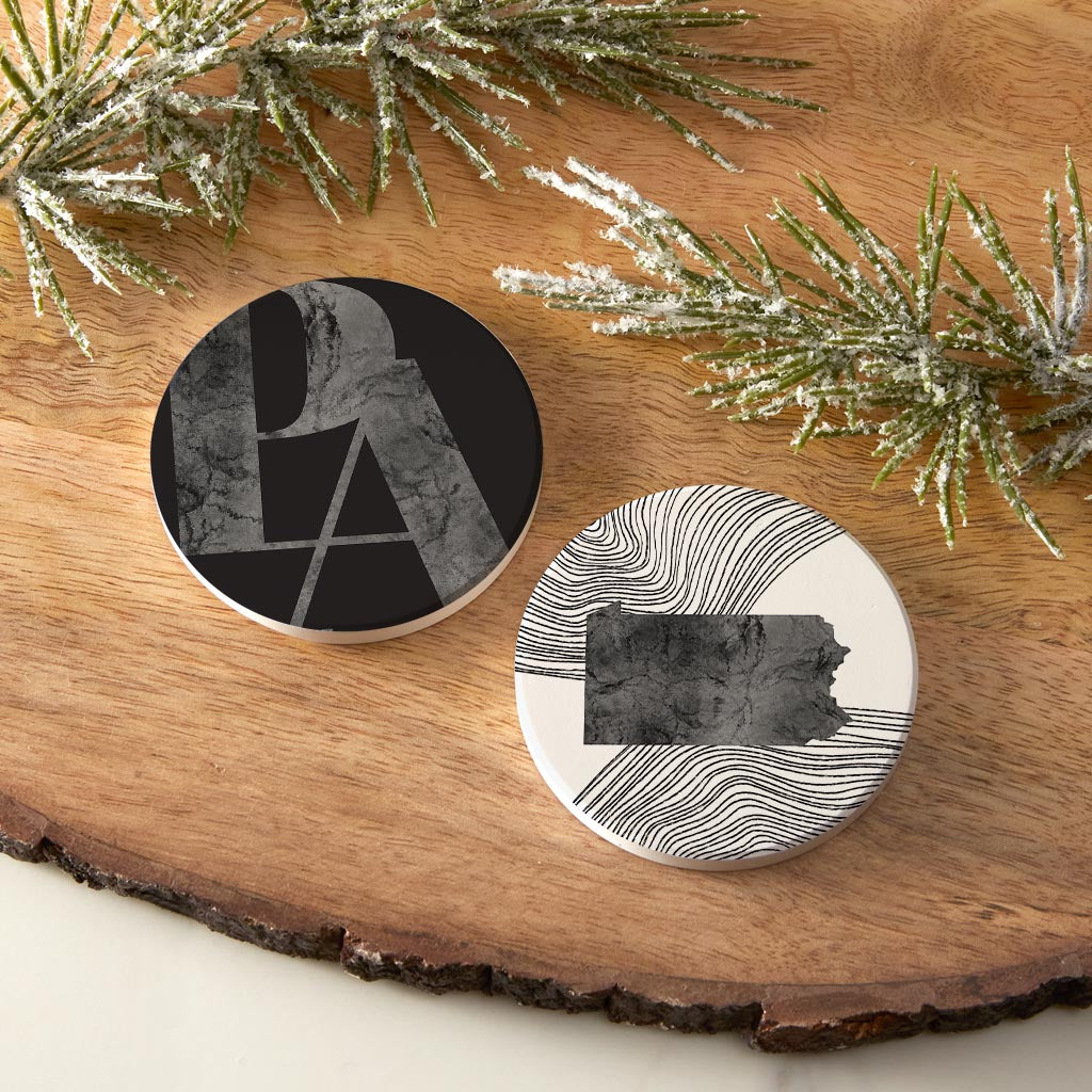Minimalistic B&W Pennsylvania State Dark Initials| Absorbent Car Coasters | Set of 2 | Min 4