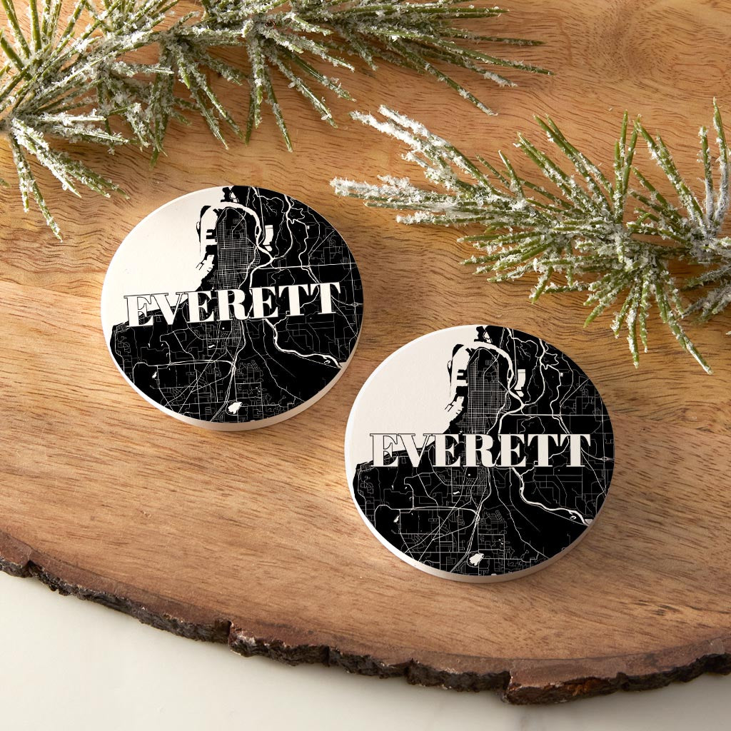 Minimalistic B&W Washington Everett Map | Absorbent Car Coasters | Set of 2 | Min 4