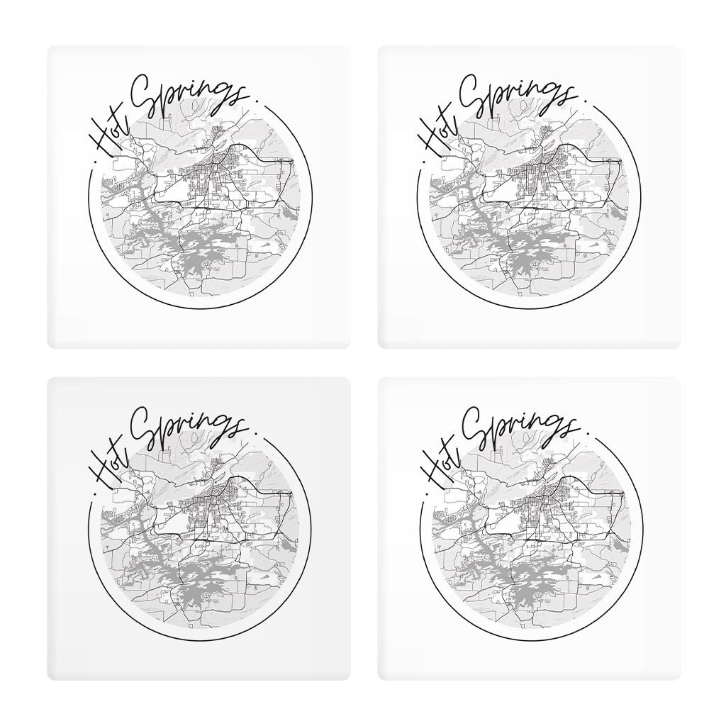B&W Minimalist Arkansas Hot Springs Circle Map | Absorbent Coasters | Set of 4 | Min 2