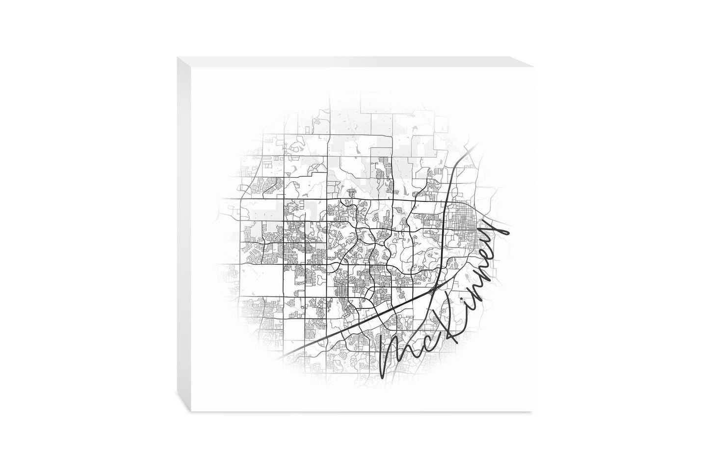 Minimalistic B&W Texas Mckinney Circle Map | Wood Block | Eaches | Min 2