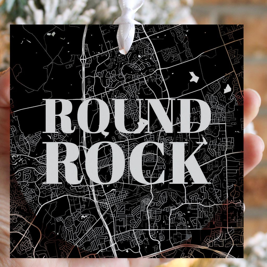 Minimalistic B&W Texas Round Rock Map | Wood Ornament | Eaches | Min 6