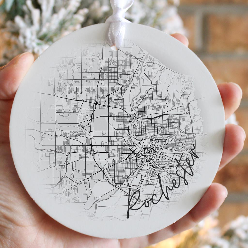 Minimalistic B&W New York Rochester Faded Circle Map | Wood Ornament | Eaches | Min 6