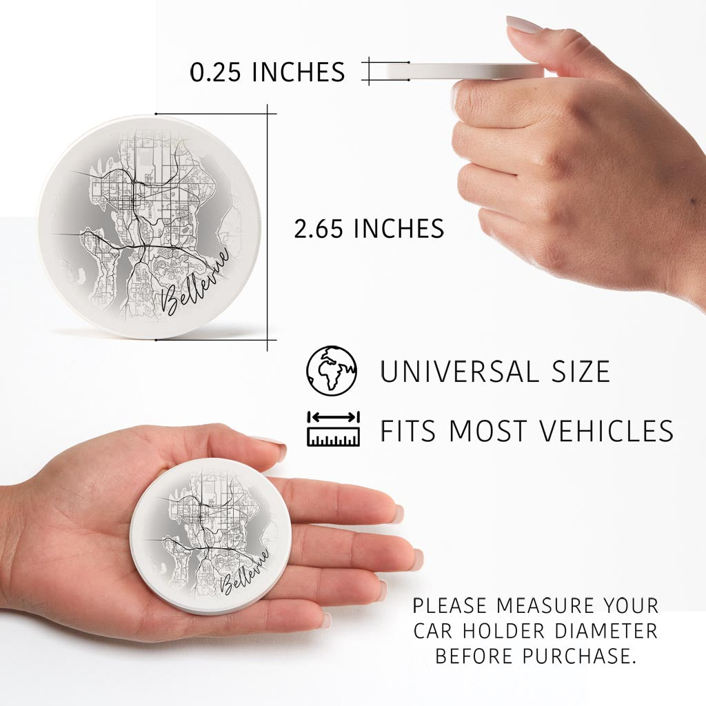 Minimalistic B&W Washington Bellevue Circle Map| Absorbent Car Coasters | Set of 2 | Min 4