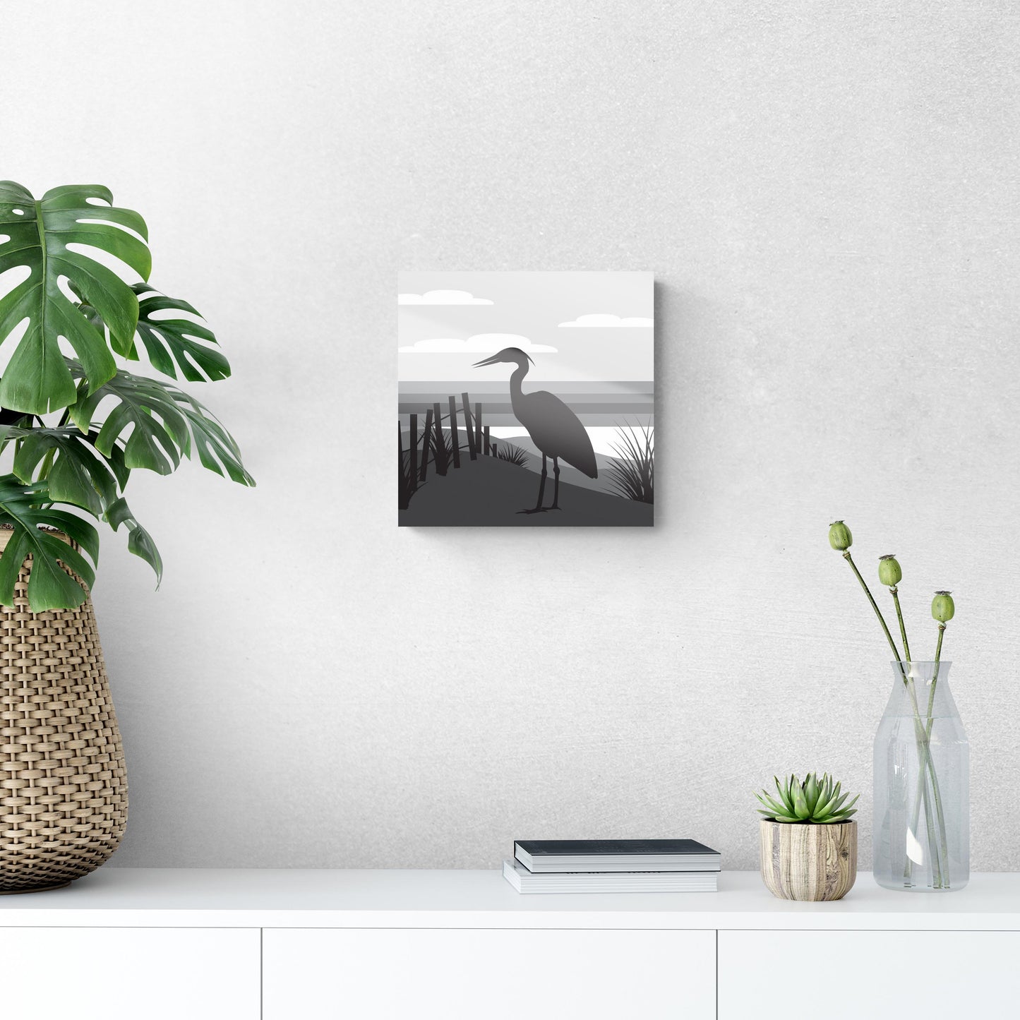 Minimalistic B&W Cape Cod Heron Illustration | Hi-Def Glass Art | Eaches | Min 1