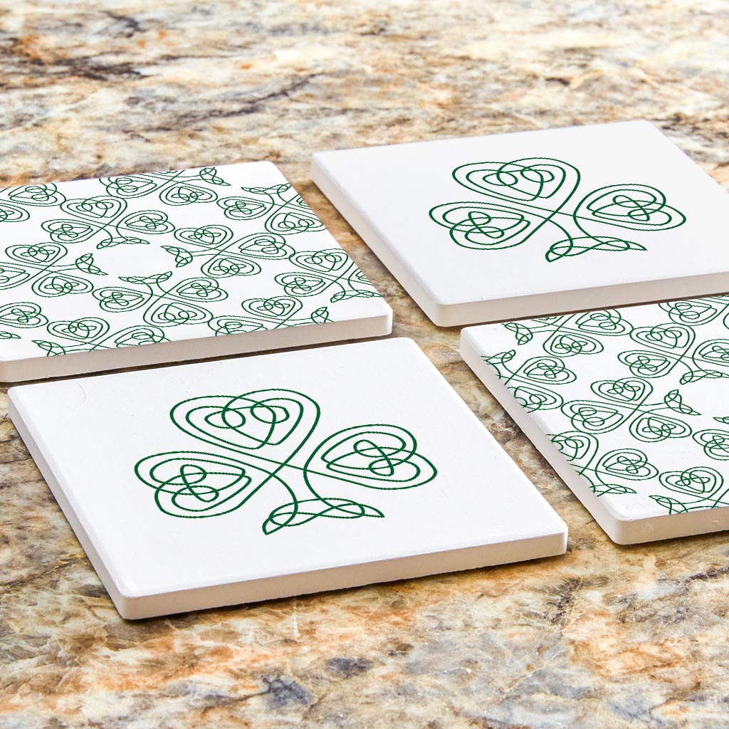 White Green Shamrock Pattern Shape| Absorbent Coasters | Set of 4 | Min 2
