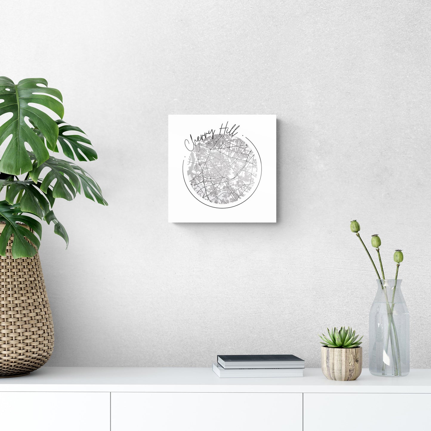 Minimalistic B&W New Jersey Cherry Hill Circle Map | Hi-Def Glass Art | Eaches | Min 1