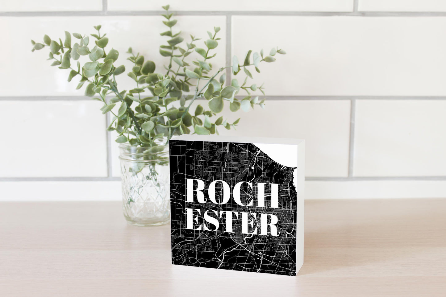 Minimalistic B&W New York Rochester Map | Wood Block | Eaches | Min 4