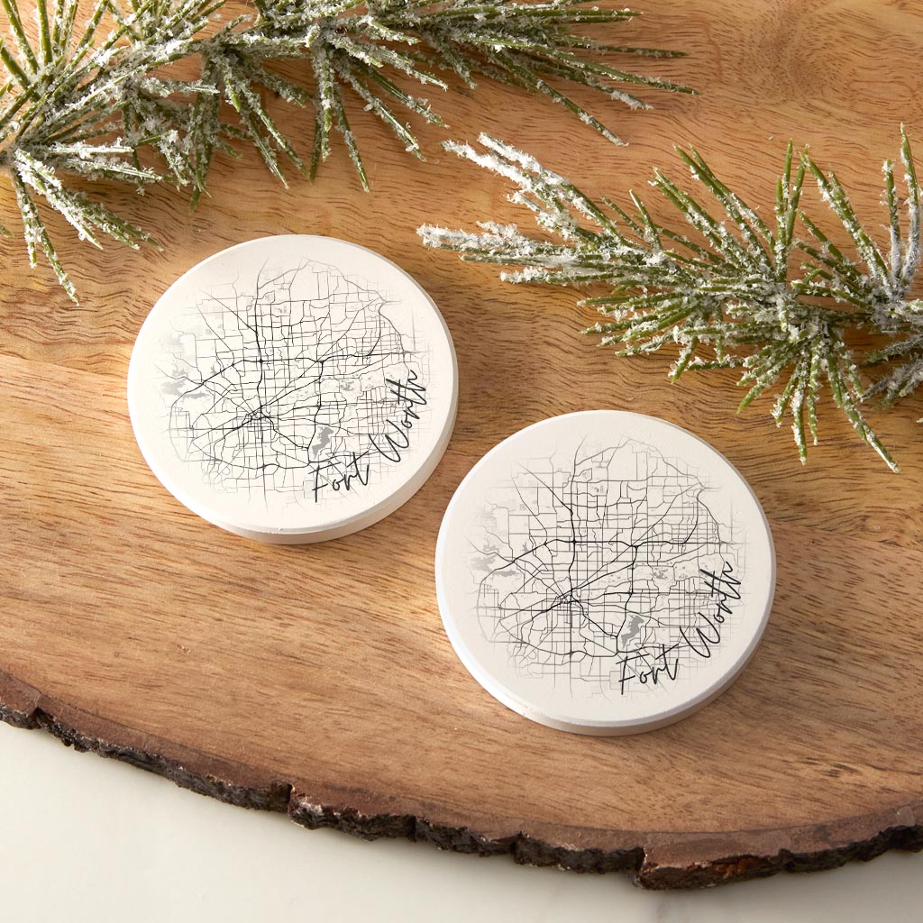 Minimalistic B&W Texas Fort Worth Circle Map | Absorbent Car Coasters | Set of 2 | Min 4