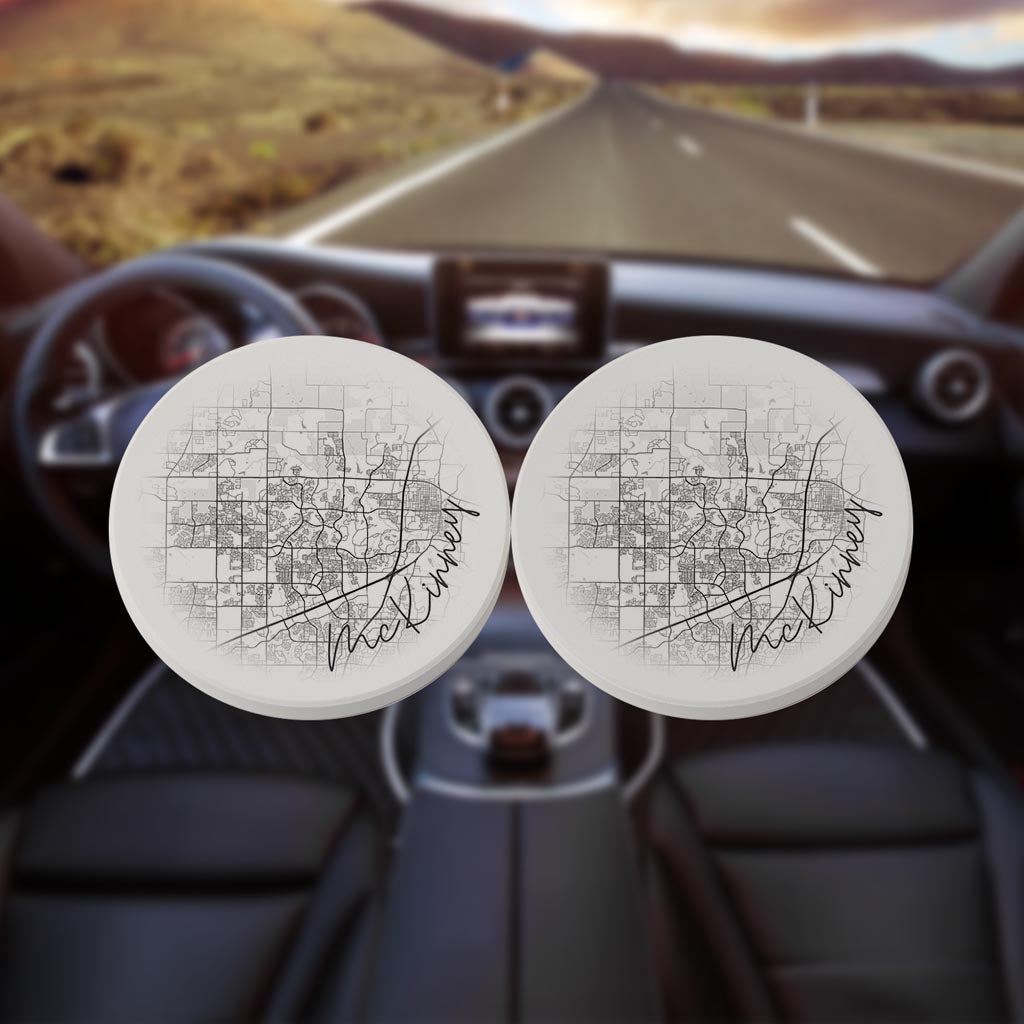 Minimalistic B&W Texas Mckinney Circle Map | Absorbent Car Coasters | Set of 2 | Min 4