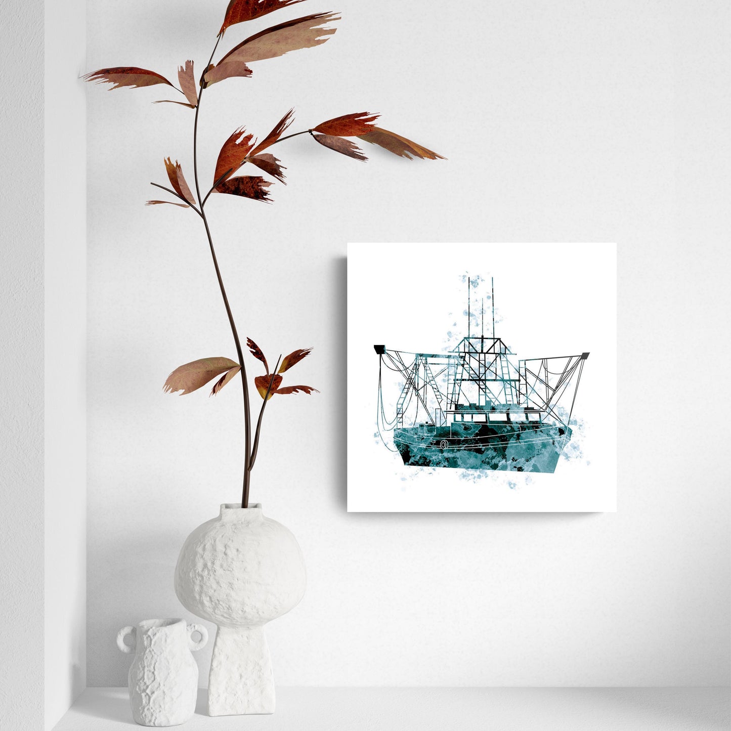 Blue White Water Color Shrimp Boat | Hi-Def Glass Art | Eaches | Min 2
