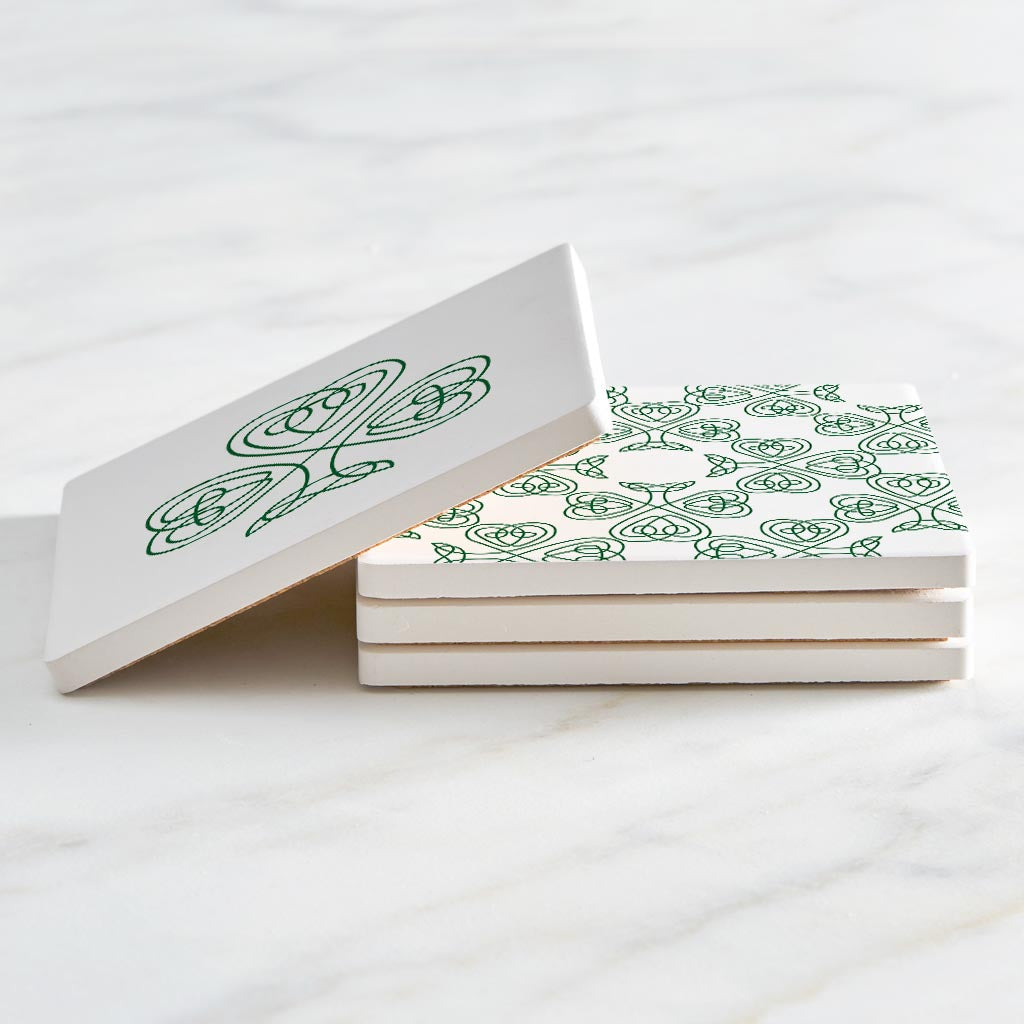 White Green Shamrock Pattern Shape| Absorbent Coasters | Set of 4 | Min 2