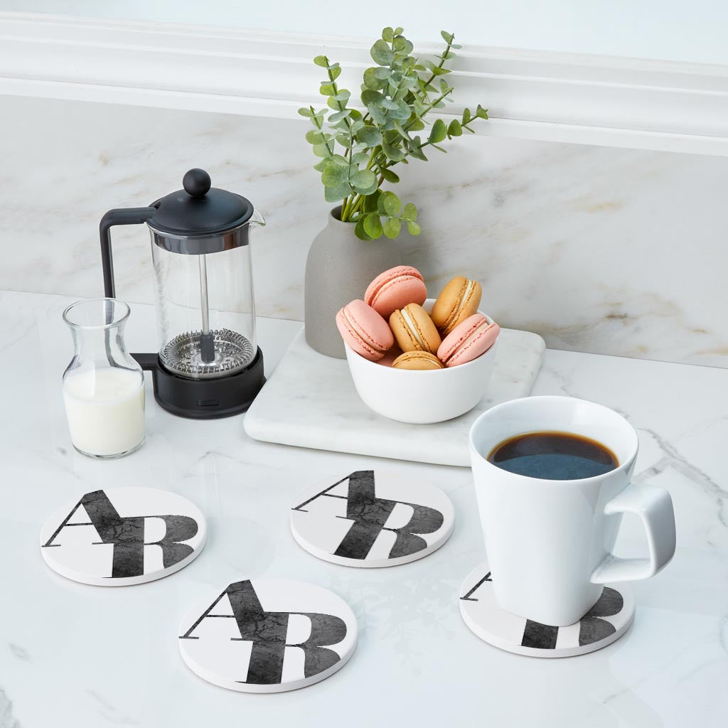 B&W Minimalist Arkansas White Initials | Absorbent Coasters | Set of 4 | Min 2