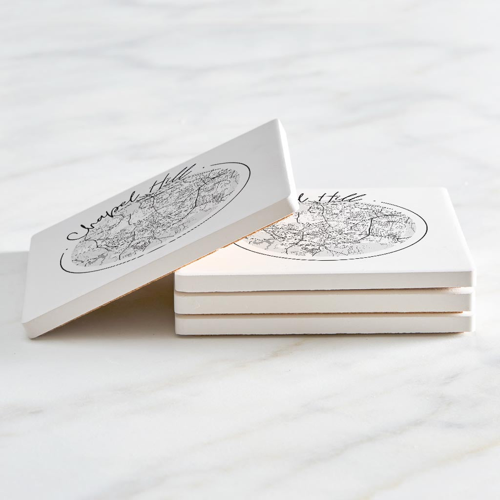 Minimalistic B&W North Carolina Chapel Hill Circle Map | Absorbent Coasters | Set of 4 | Min 2
