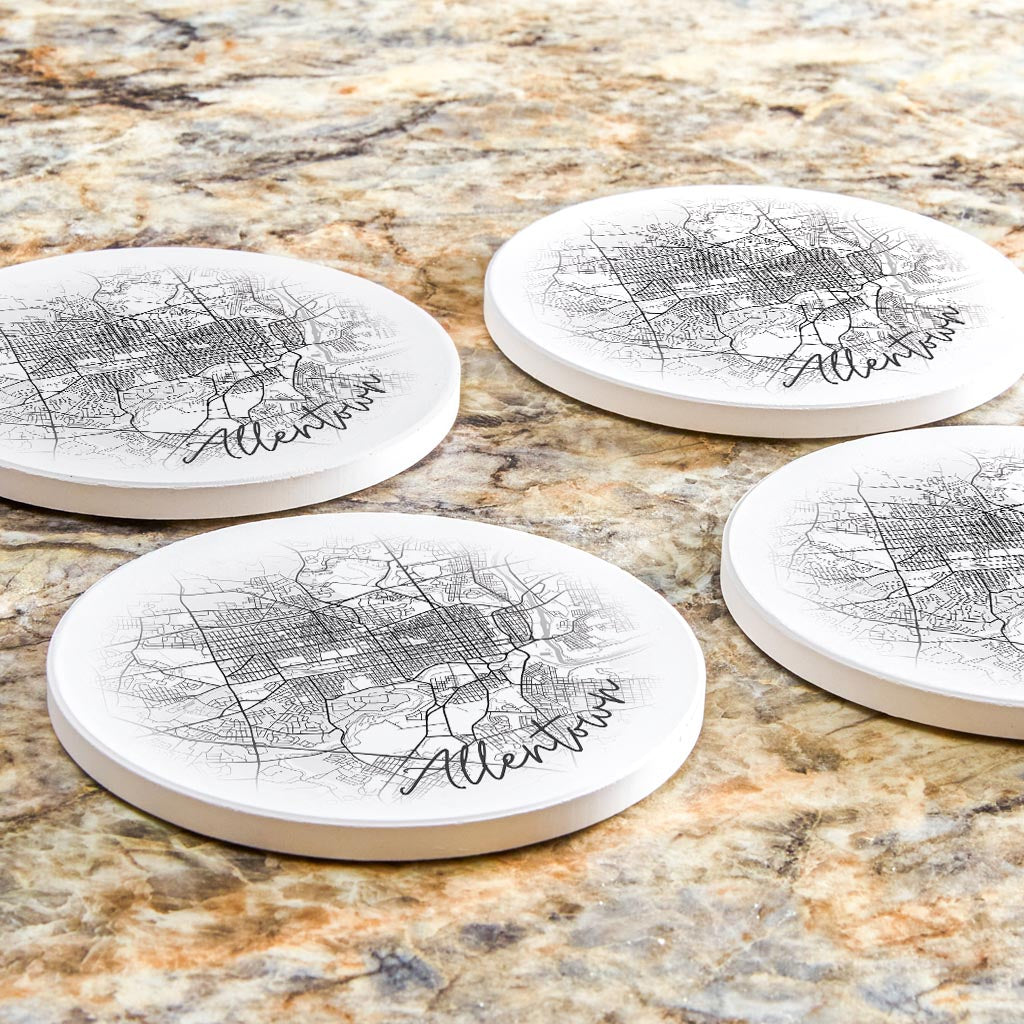 Minimalistic B&W Pennsylvania Allentown Circle Map | Absorbent Coasters | Set of 4 | Min 2