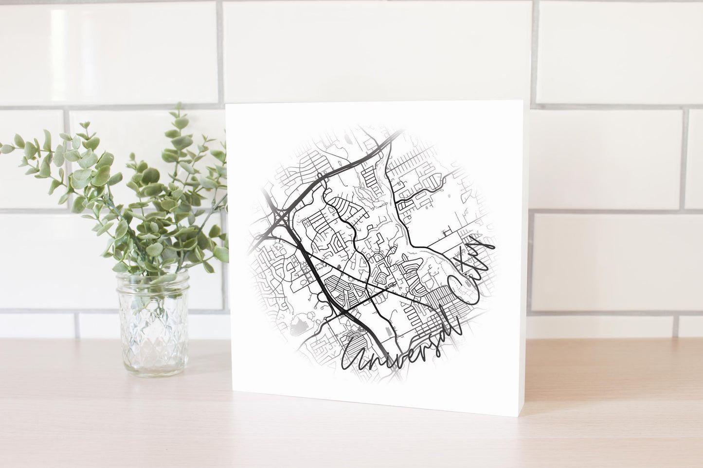 Minimalistic B&W Texas Universal City Circle Map | Wood Block | Eaches | Min 2