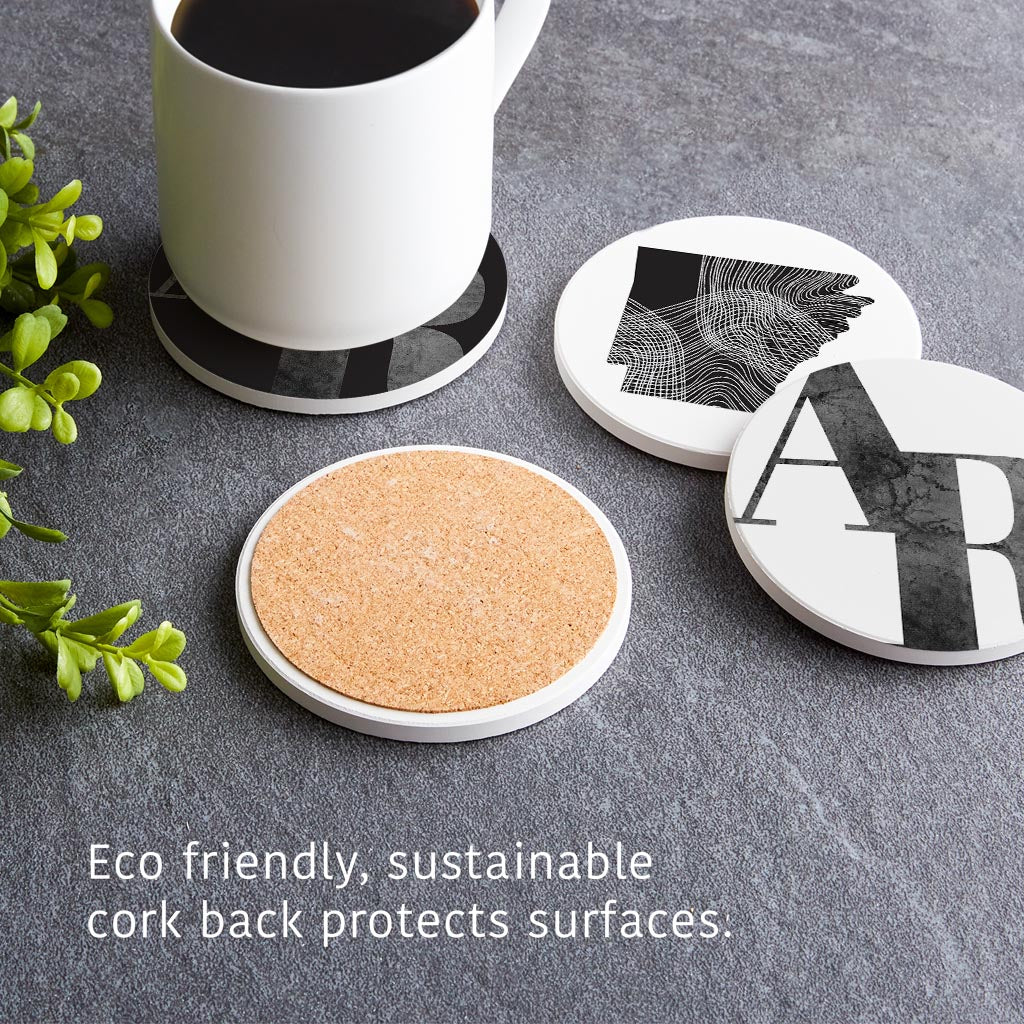 B&W Minimalist Arkansas Initials And State Shapes | Absorbent Coasters | Set of 4 | Min 2