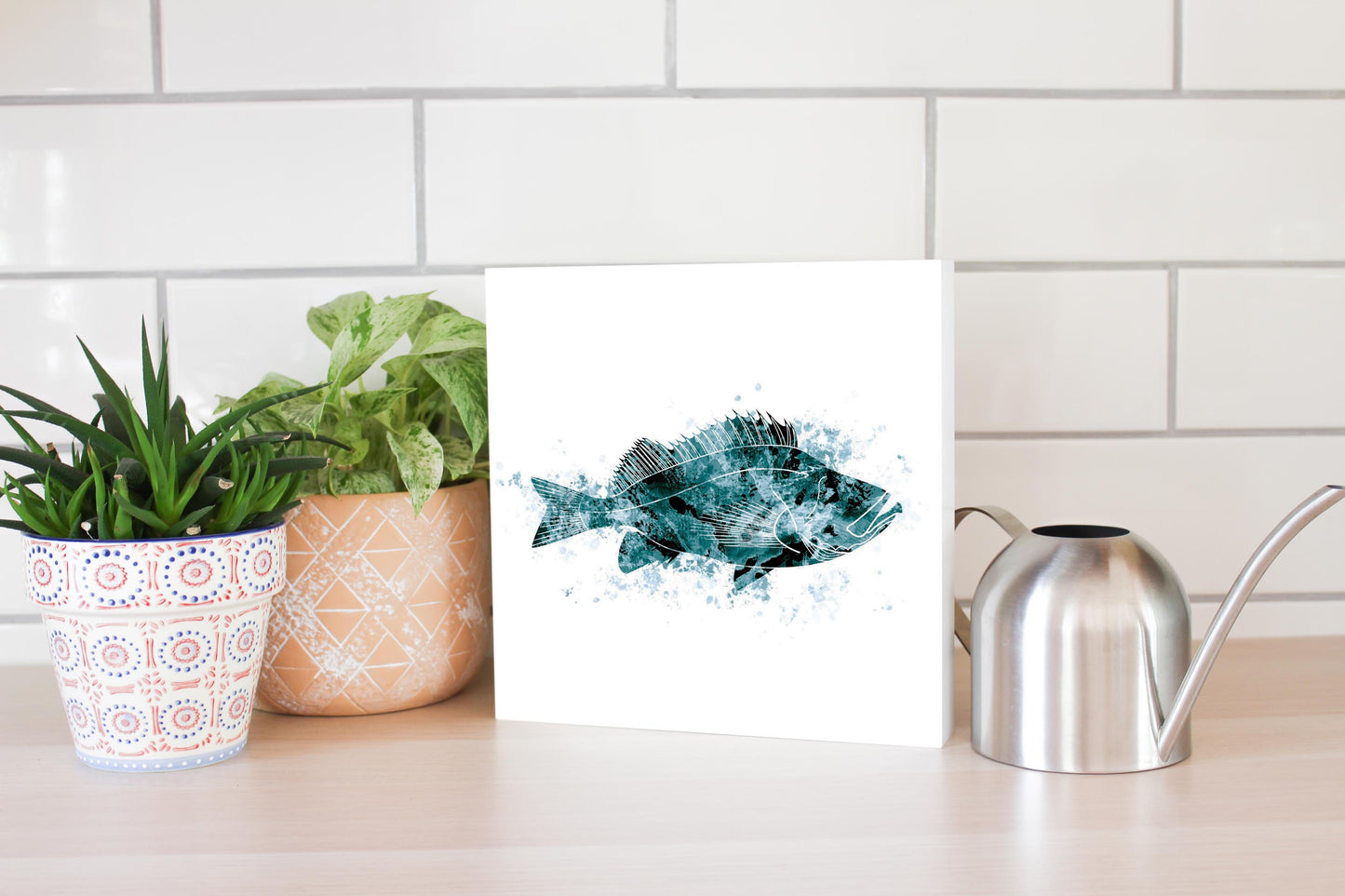 Blue White Water Color Red Fish | Wood Block | Eaches | Min 2