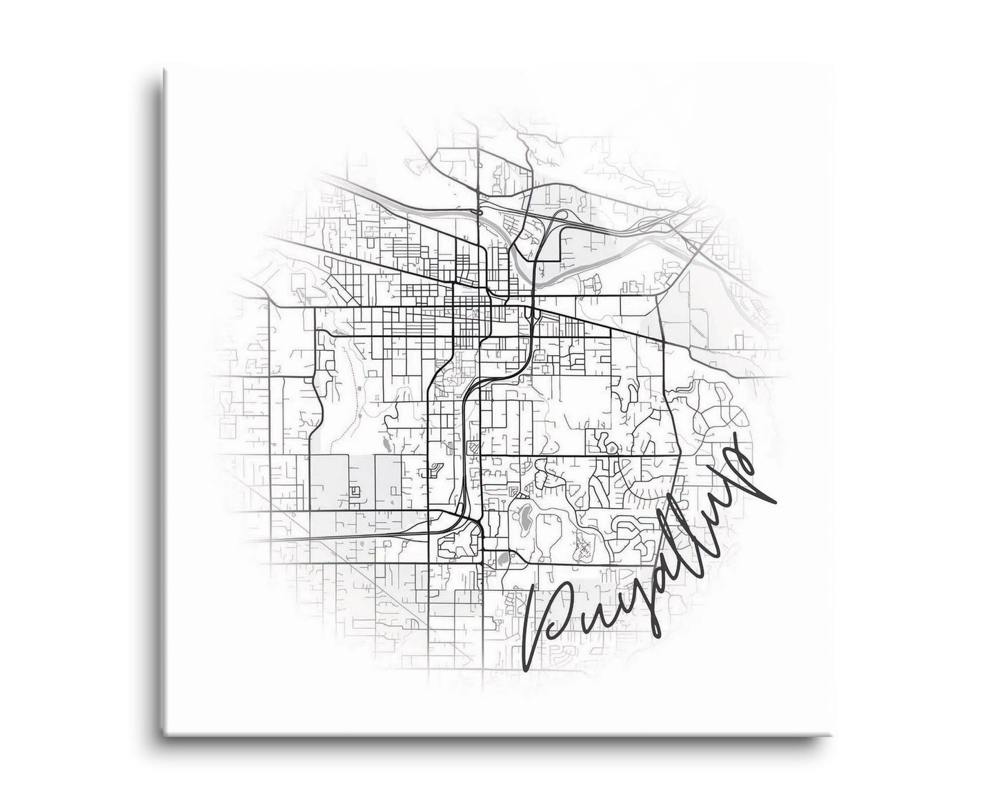 Minimalistic B&W Washington Puyallup Circle Map | Hi-Def Glass Art | Eaches | Min 2