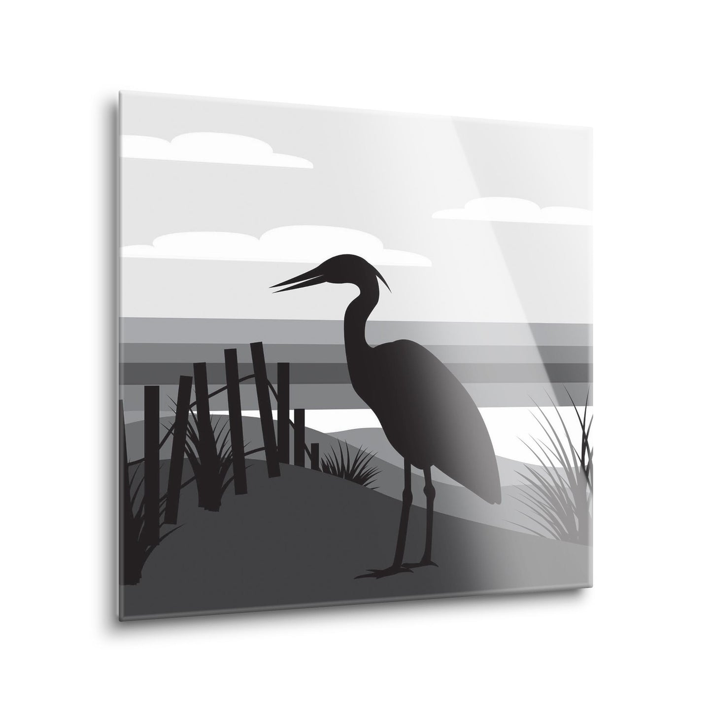 Minimalistic B&W Cape Cod Heron Illustration | Hi-Def Glass Art | Eaches | Min 1