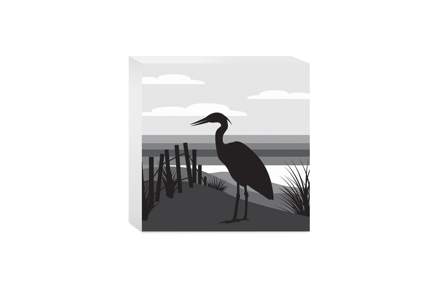 Minimalistic B&W Cape Cod Heron Illustration | Wood Block | Eaches | Min 4