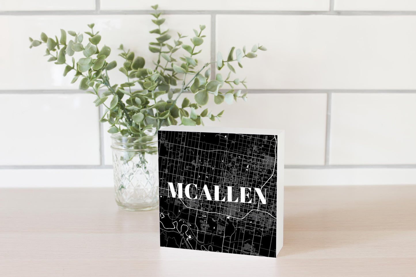 Minimalistic B&W Texas Mcallen Map | Wood Block | Eaches | Min 4