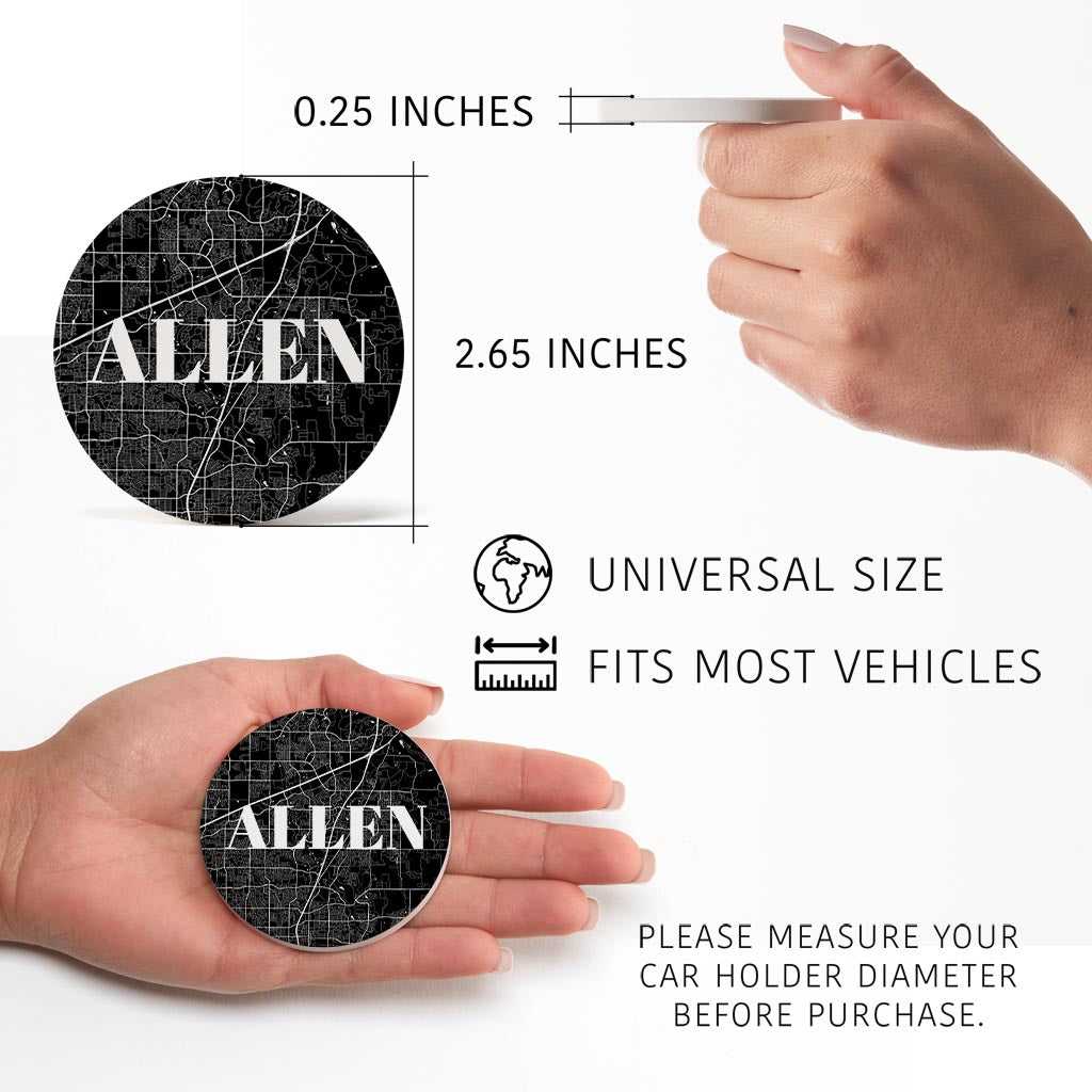 Minimalistic B&W Texas Allen Map | Absorbent Car Coasters | Set of 2 | Min 4