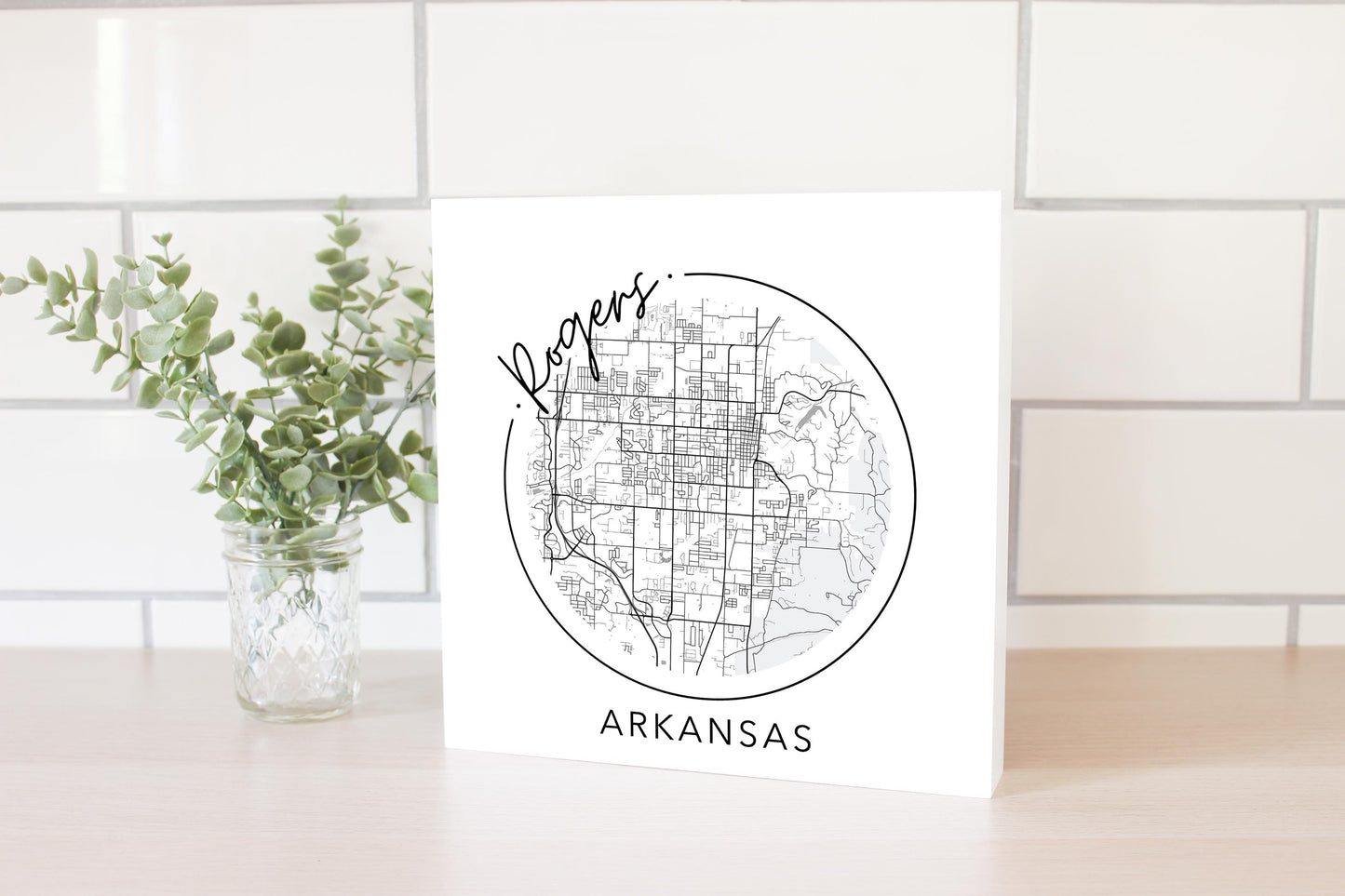 Minimalist B&W Arkansas Rogers Circle Map State | Wood Block | Eaches | Min 2