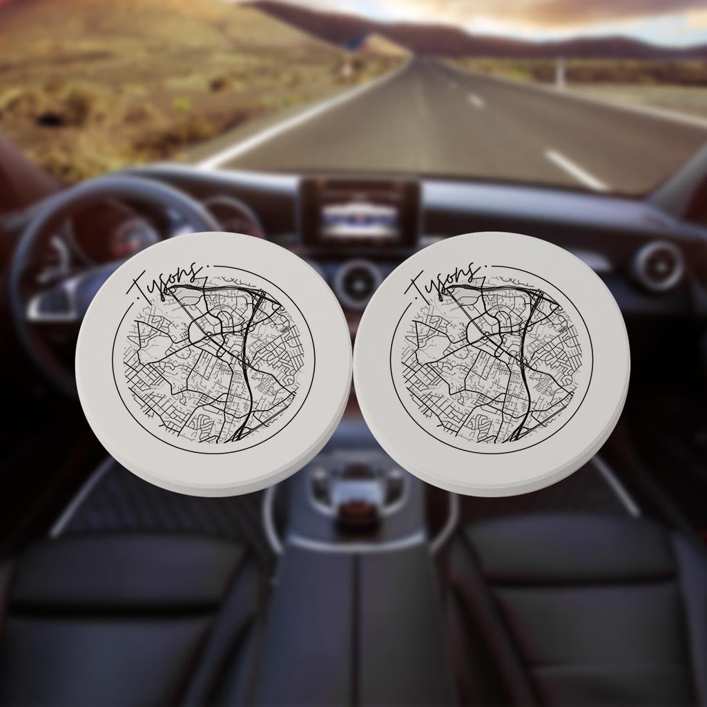 Minimalistic B&W Virginia Tysons Circle Map | Absorbent Car Coasters | Set of 2 | Min 4
