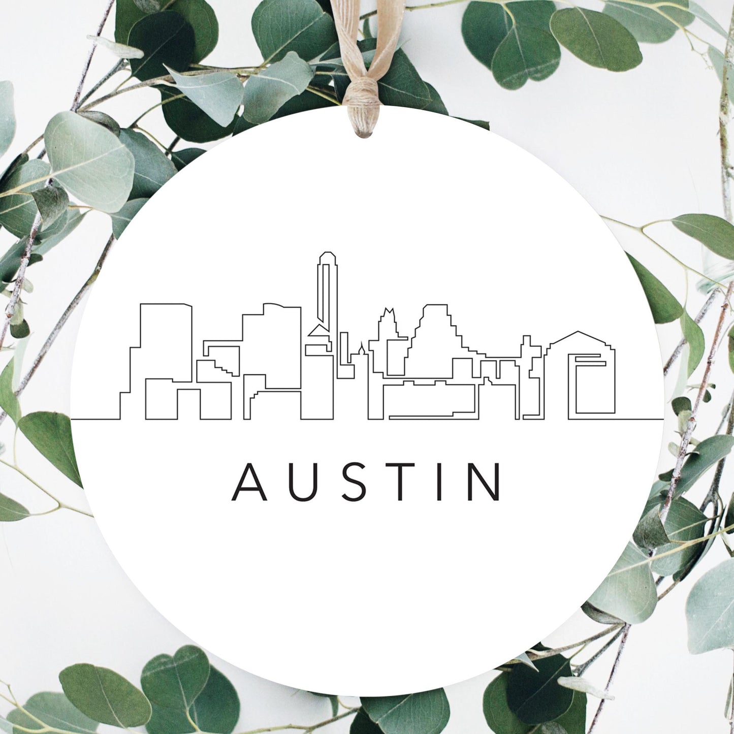 Minimalist B&W Texas Austin Skyline | Wood Ornament | Eaches | Min 1