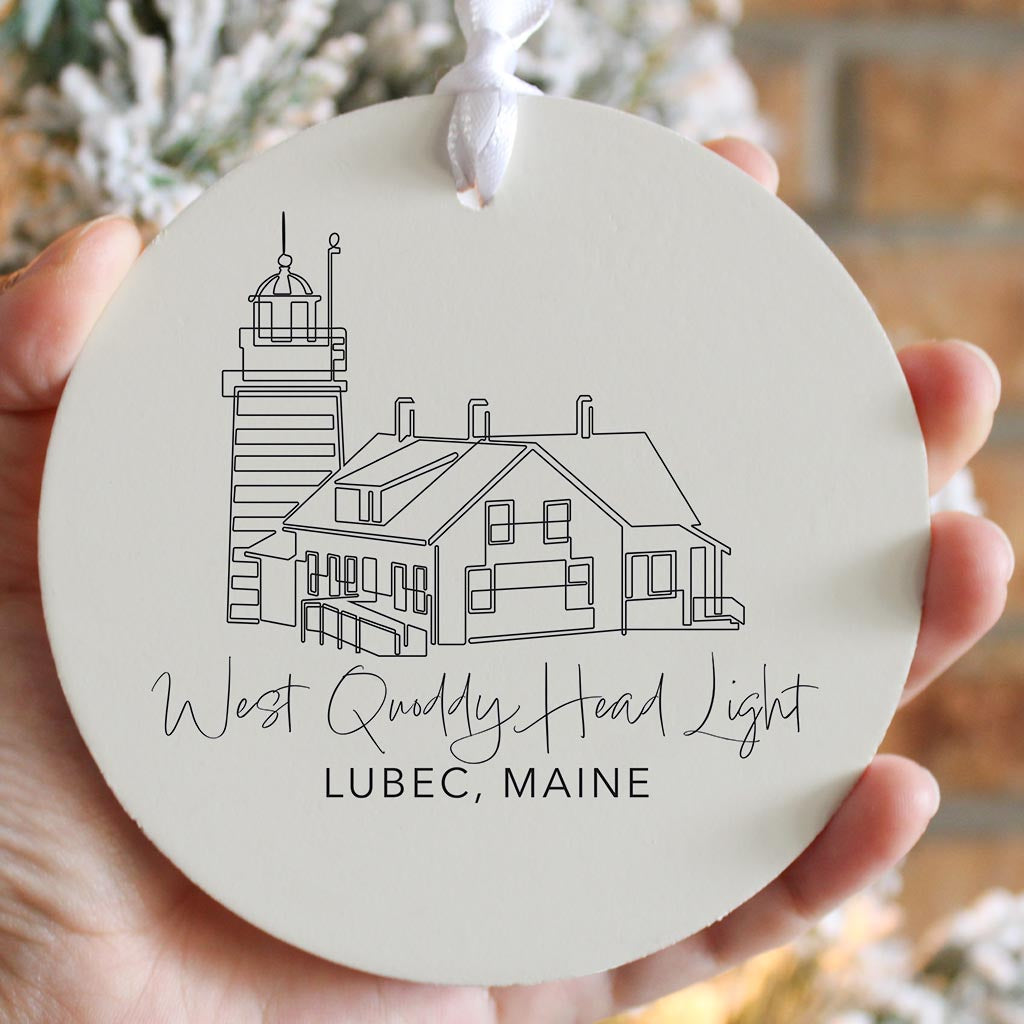 Cream West Quoddy Head Light | Wood Ornament | Eaches | Min 6