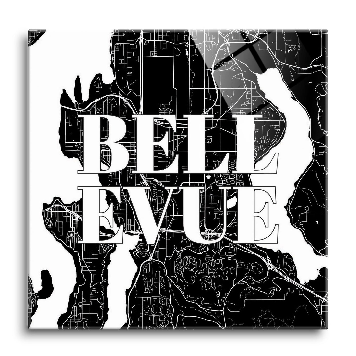 Minimalistic B&W Washington Bellevue Map | Hi-Def Glass Art | Eaches | Min 1