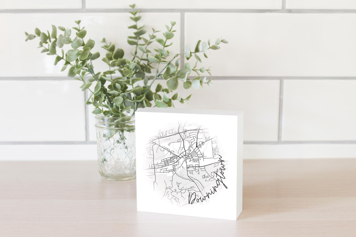 Minimalistic B&W Pennsylvania Downingtown Circle Map | Wood Block | Eaches | Min 4