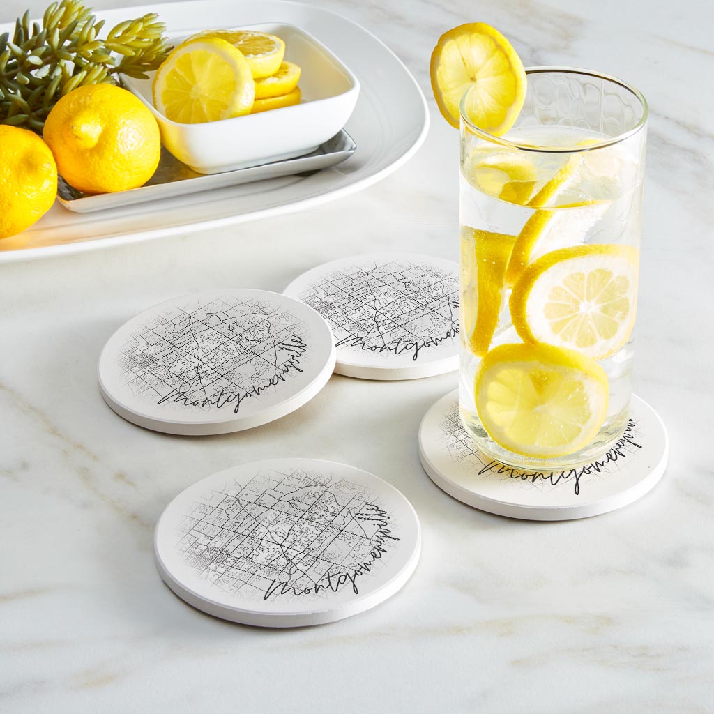 Minimalistic B&W Pennsylvania Montgomeryville Circle Map | Absorbent Coasters | Set of 4 | Min 2