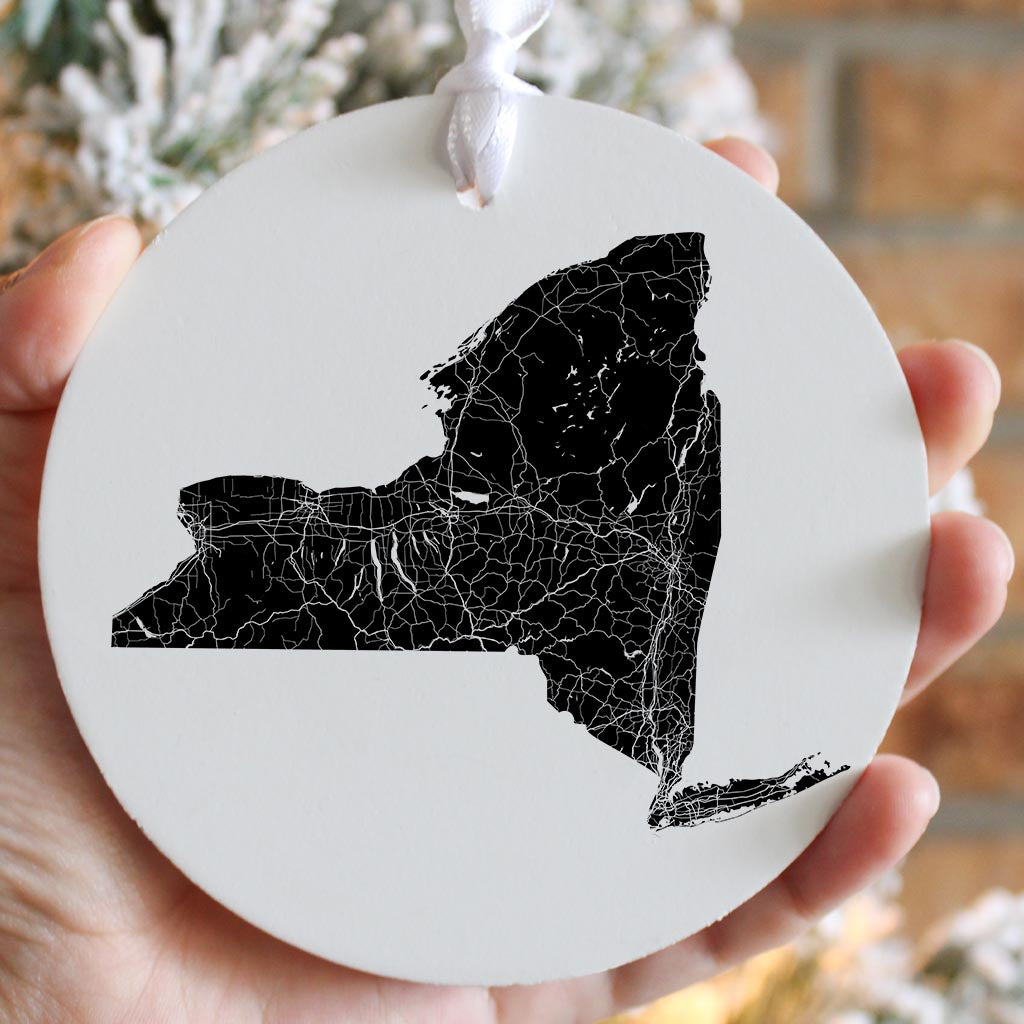 Minimalistic B&W New York State With Map | Wood Ornament | Eaches | Min 6