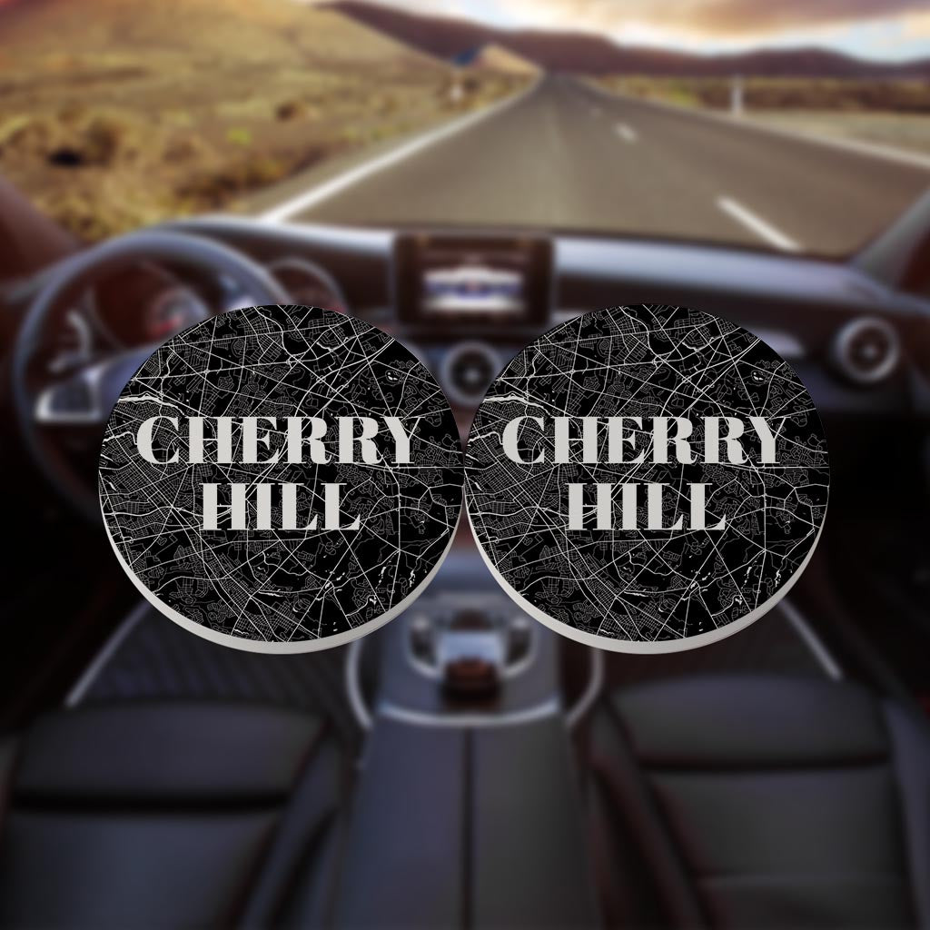 Minimalistic B&W New Jersey Cherry Hill Map | Absorbent Car Coasters | Set of 2 | Min 4