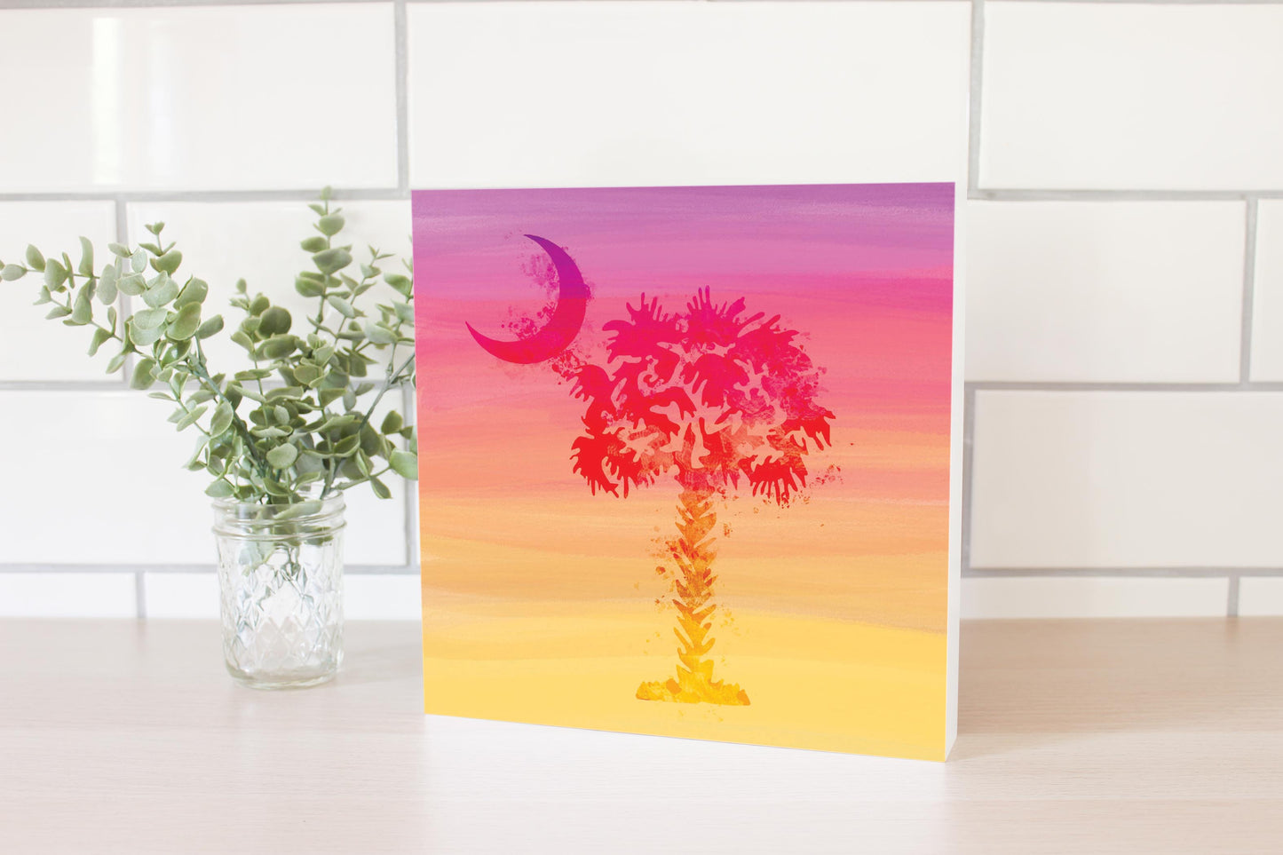 South Carolina Pink Water Color Palm Trees | Wood Block | Eaches | Min 2