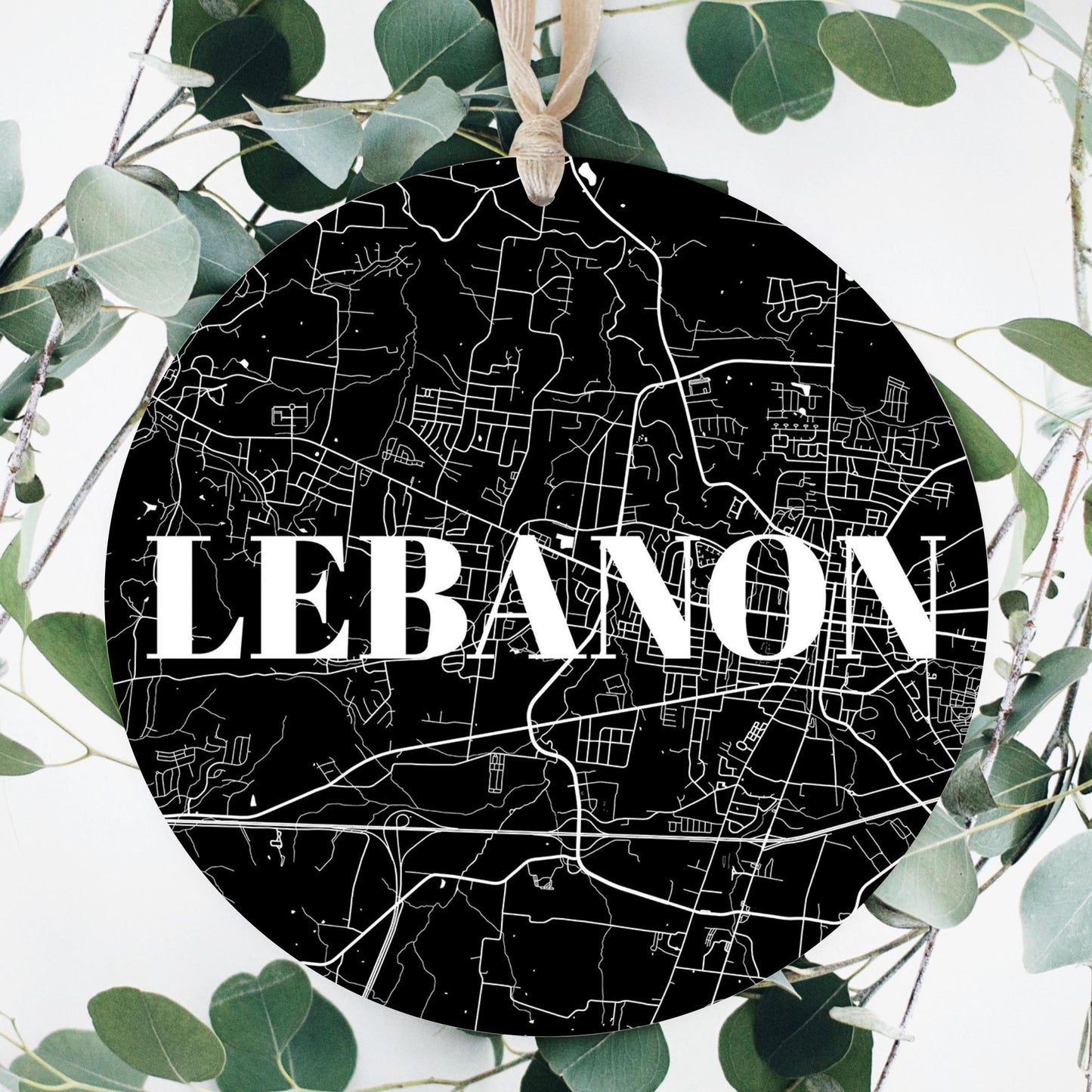 Minimalist B&W Tennessee Lebanon Map | Wood Ornament | Eaches | Min 1