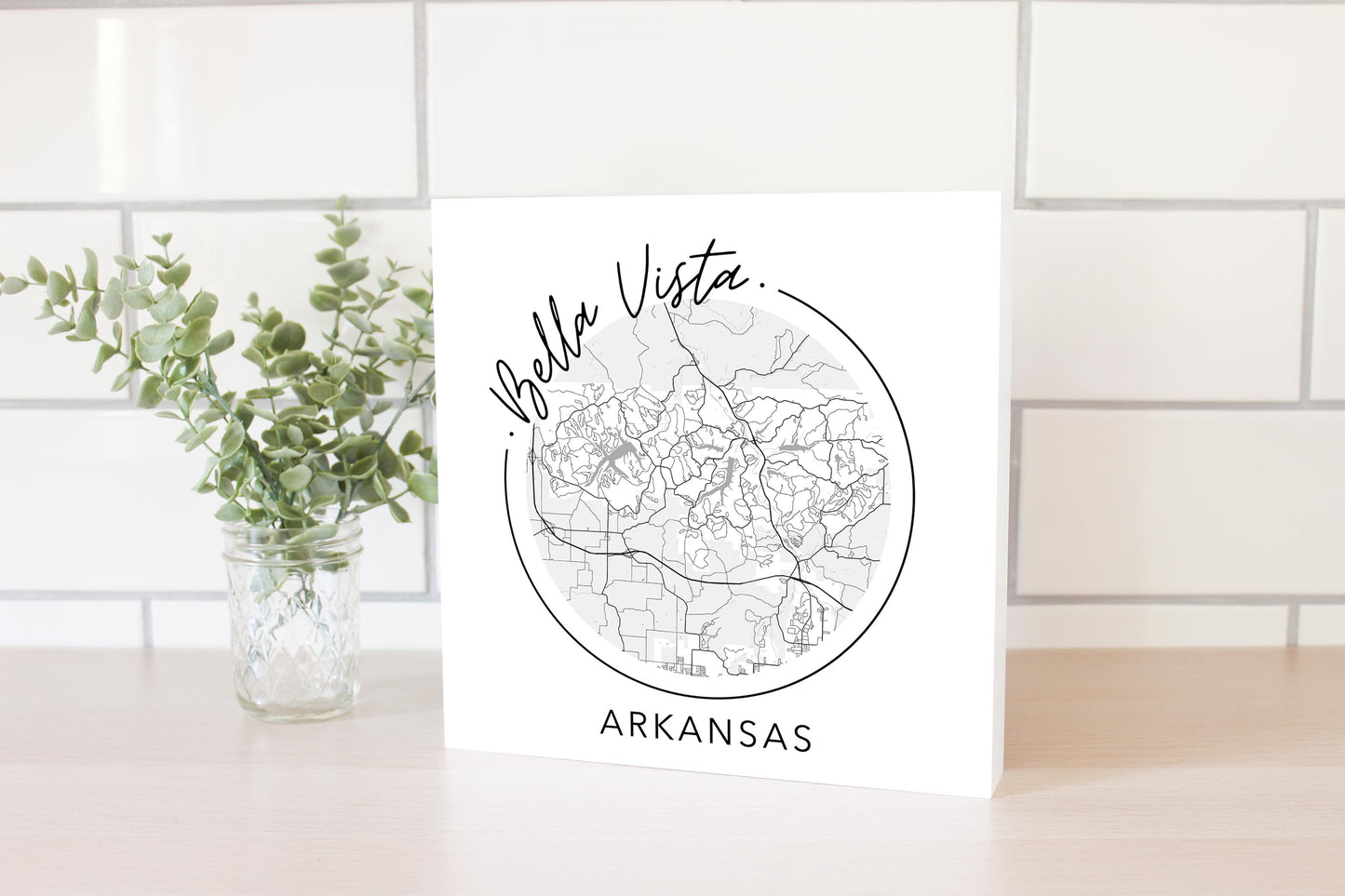 Minimalist B&W Arkansas Bella Vista Circle Map State | Wood Block | Eaches | Min 2