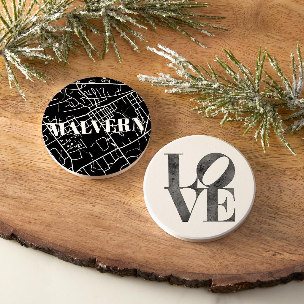 Minimalistic B&W Pennsylvania Malvern Map Love| Absorbent Car Coasters | Set of 2 | Min 4
