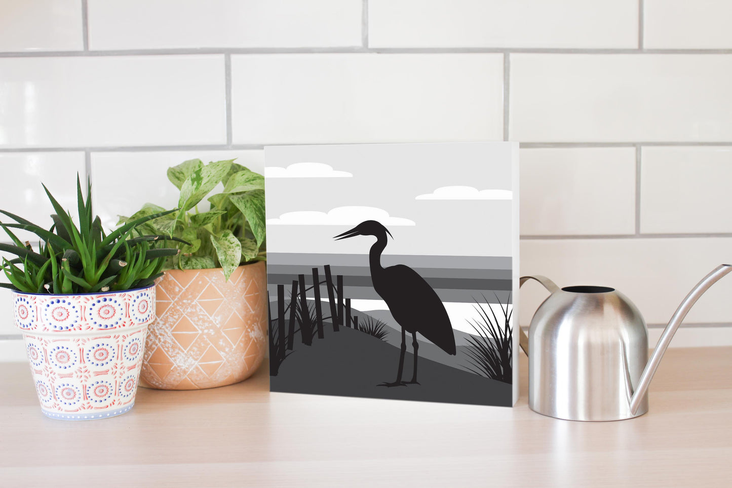 Minimalistic B&W Cape Cod Heron Illustration | Wood Block | Eaches | Min 2