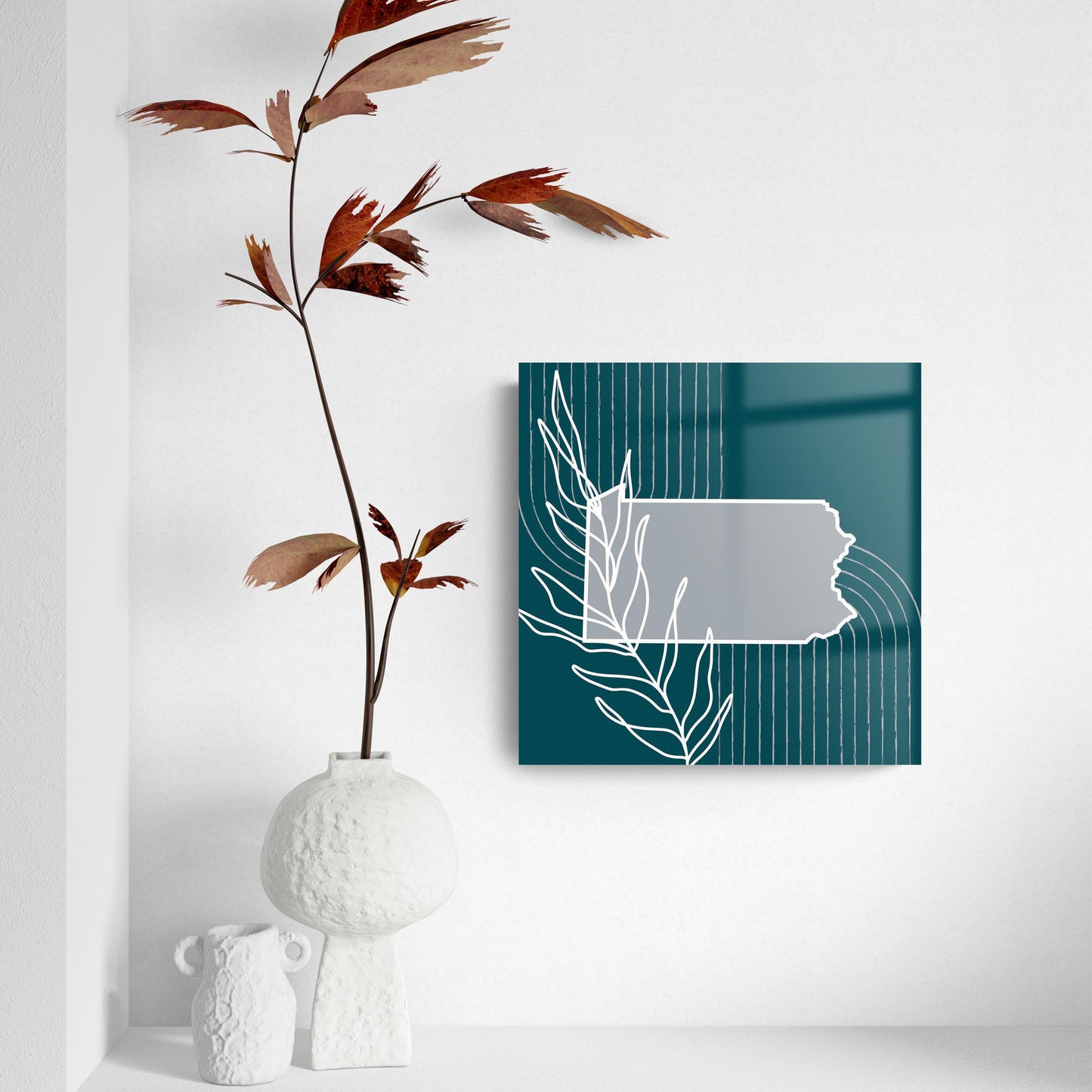 Modern Minimalist Pennsylvania Shape With Leaf | Hi-Def Glass Art | Eaches | Min 2