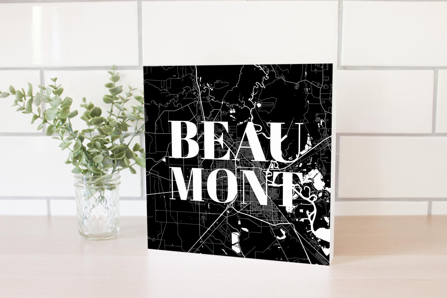 Minimalistic B&W Texas Beaumont Map | Wood Block | Eaches | Min 2