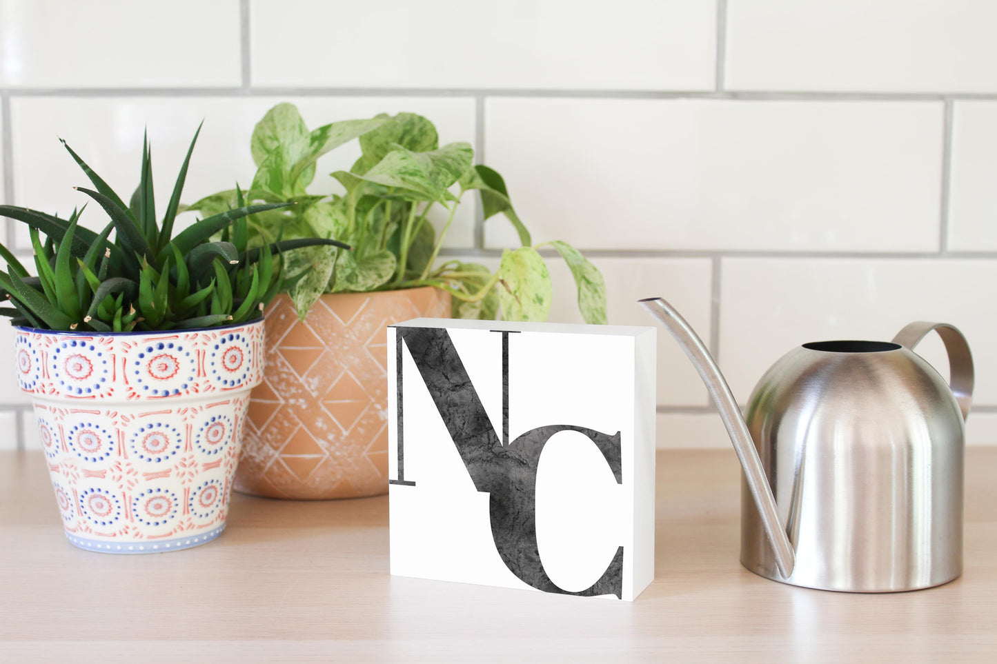 Minimalistic B&W North Carolina White Initials | Wood Block | Eaches | Min 4