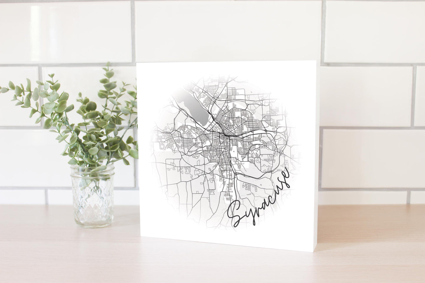 Minimalistic B&W New York Syracuse Faded Circle Map | Wood Block | Eaches | Min 2